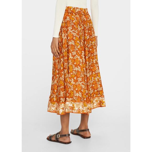 Zimmermann Andie Swing Gathered Floral Print Silk Midi Skirt Orange Beige Multi - Picture 14 of 14